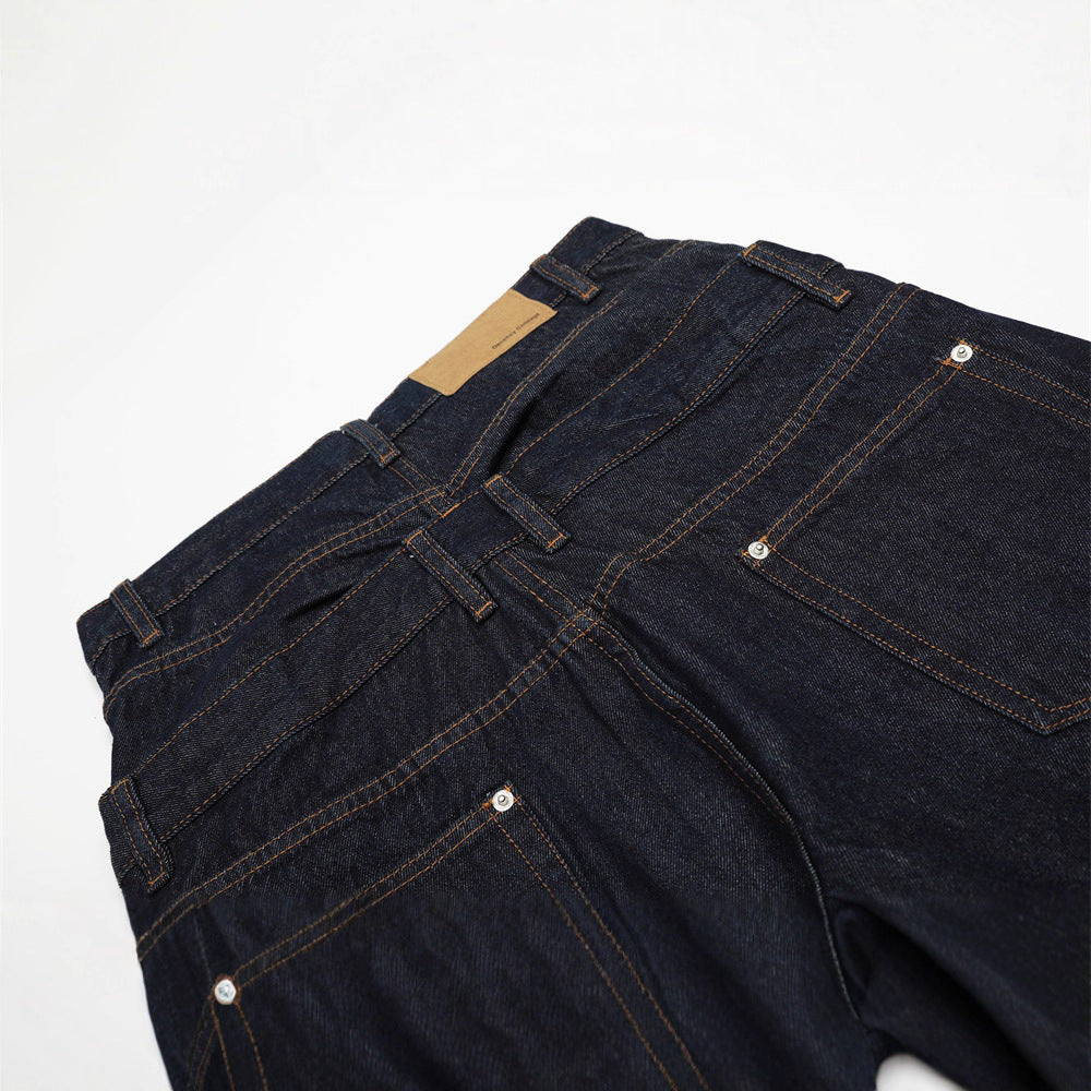 Hip-hop Style Men's Denim Pants with Double Waistband, Patchwork Cargo Design, Loose Fit, Wide Leg Trendy Streetwear