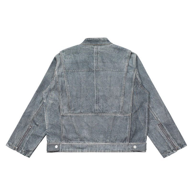 Distressed Washed Denim Jacket Unisex Streetwear Stand Collar High Street Outerwear
