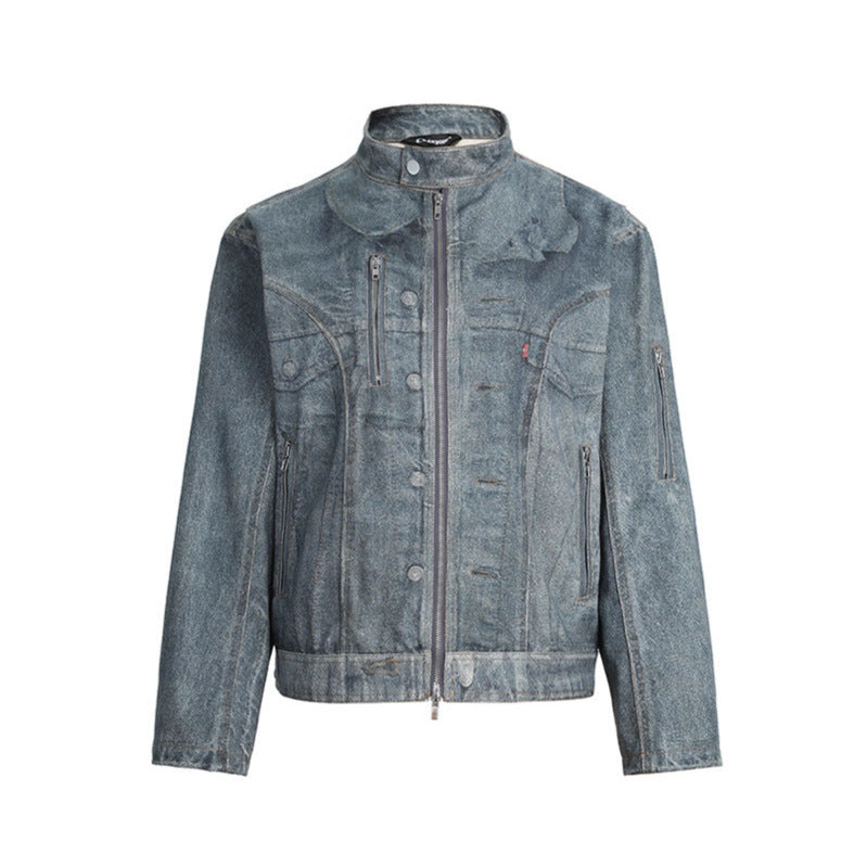 Distressed Washed Denim Jacket Unisex Streetwear Stand Collar High Street Outerwear