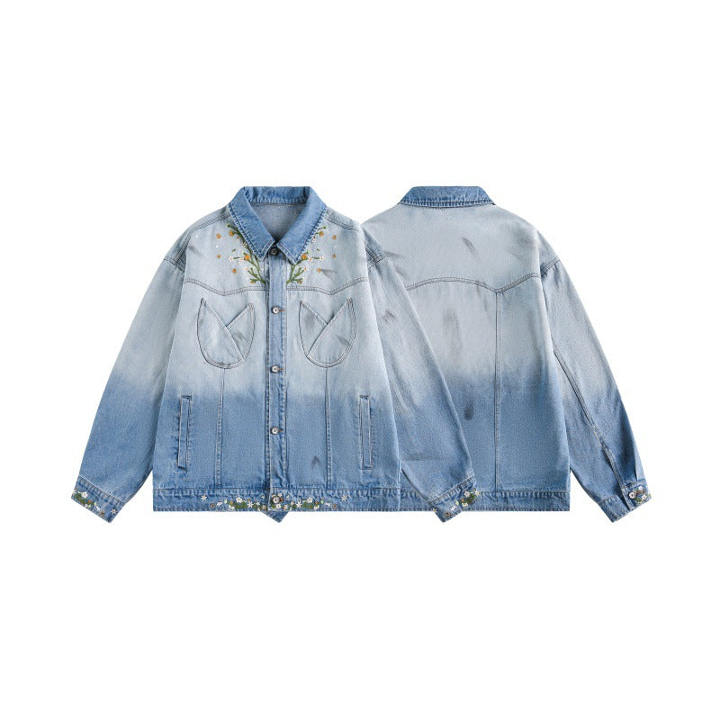 Streetwear Chrysanthemum Embroidery Loose Washed Gradient Denim Jacket for Couples