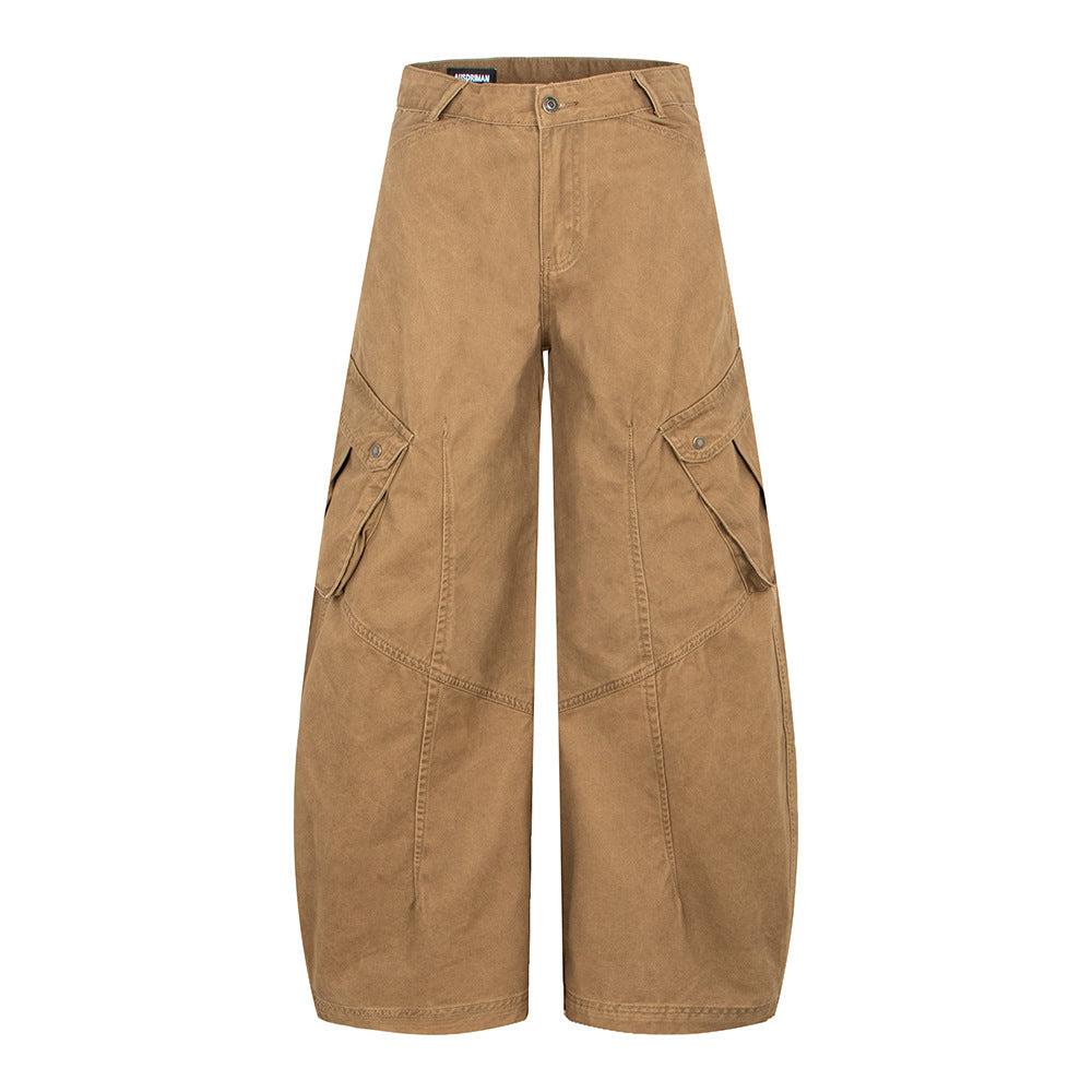 Vintage Pleated Patch Pocket Wide-Leg Knife Pants, Unique Design Casual Cargo Pants
