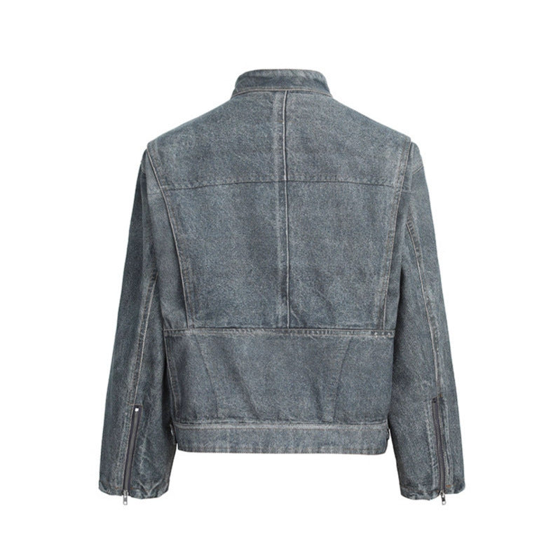 Distressed Washed Denim Jacket Unisex Streetwear Stand Collar High Street Outerwear