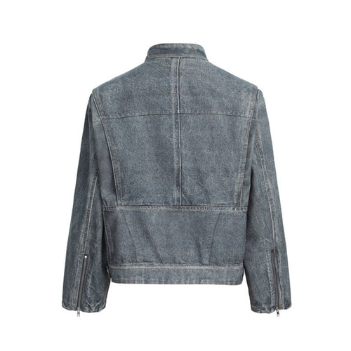 Distressed Washed Denim Jacket Unisex Streetwear Stand Collar High Street Outerwear