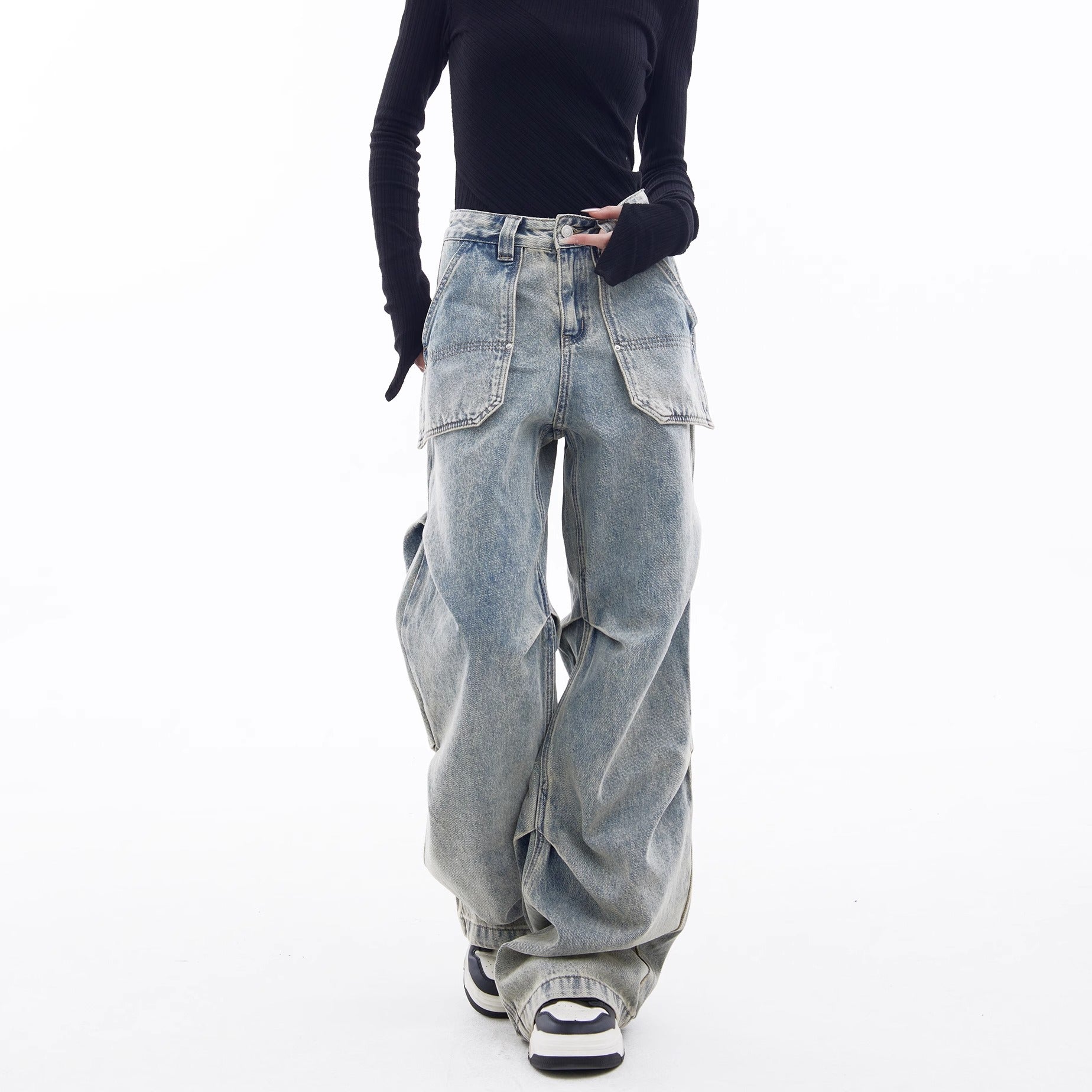 Style Cargo Jeans Women High Waist Retro Loose Design Wide Leg Street Style Pants