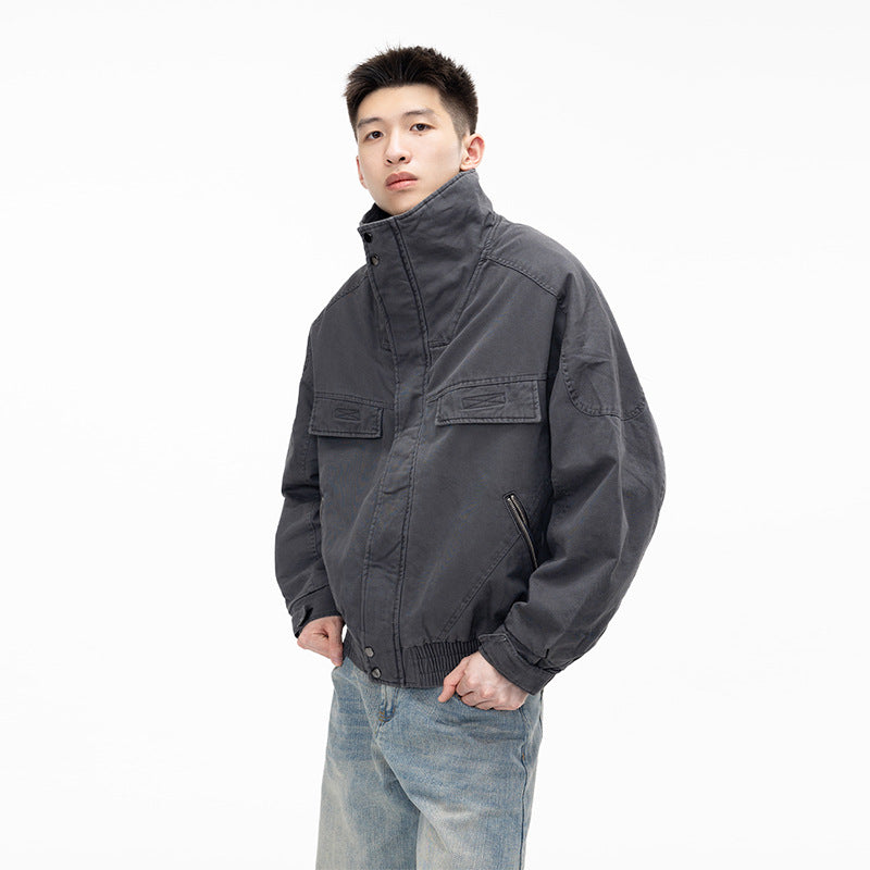 Preppy Streetwear Utility Jacket Style Casual Men's Stand Collar Coat Trendy