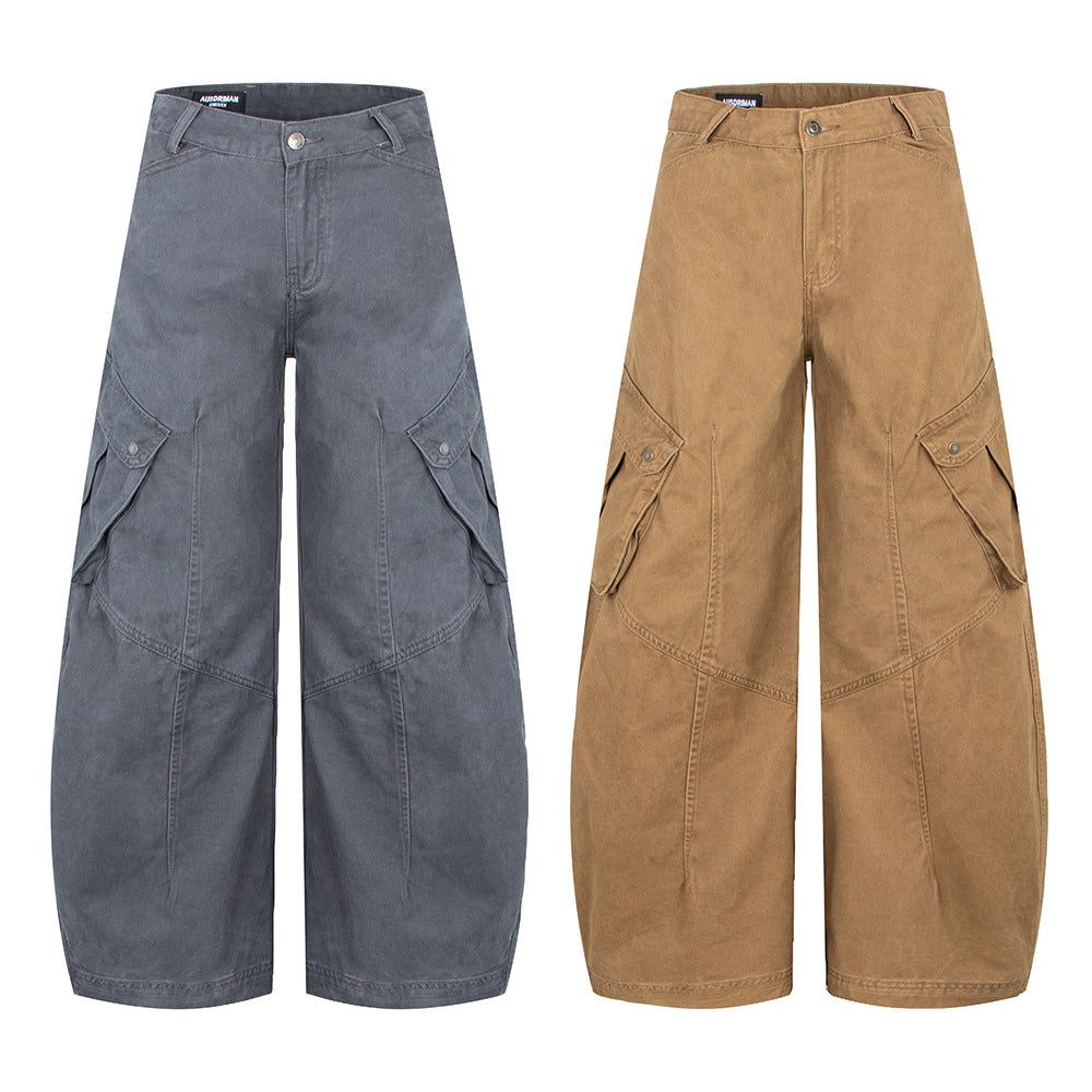 Vintage Pleated Patch Pocket Wide-Leg Knife Pants, Unique Design Casual Cargo Pants