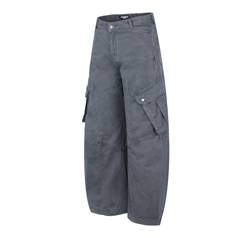 Vintage Pleated Patch Pocket Wide-Leg Knife Pants, Unique Design Casual Cargo Pants