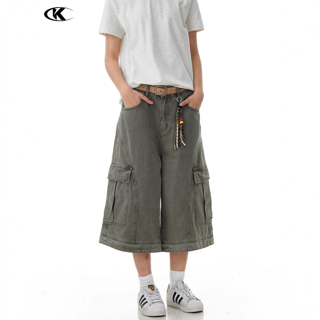 Retro Deconstructed Multi-Pocket Pants  Straight Loose Unisex Wide-Leg Cargo Shorts