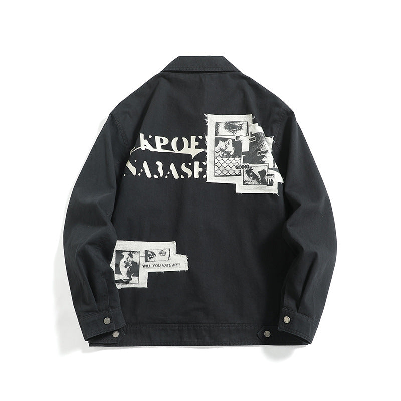 Washed Letter Print Patch Loose Streetwear Style Work Jacket