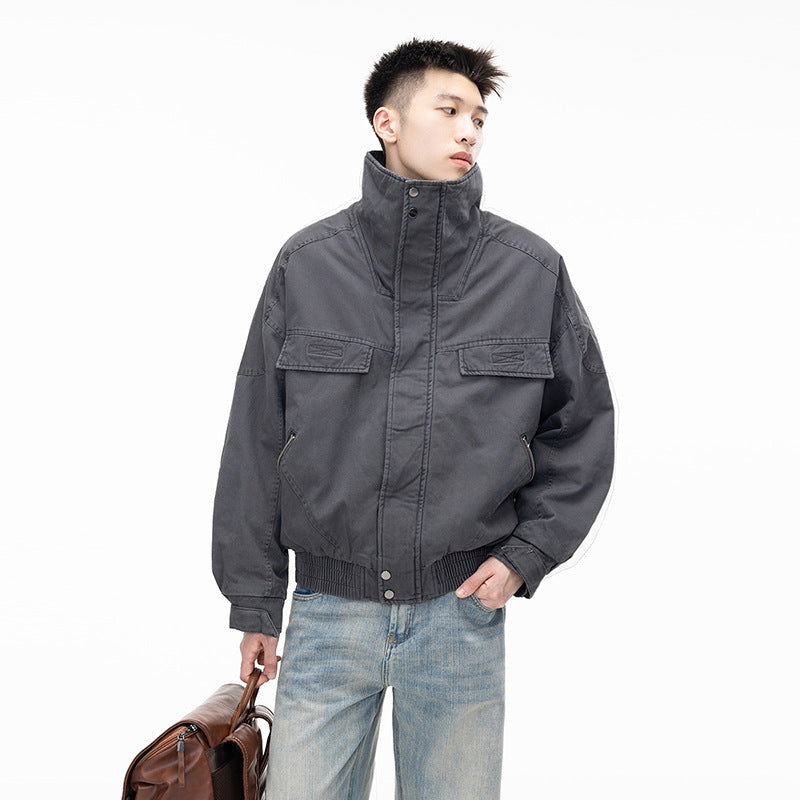 Preppy Streetwear Utility Jacket Style Casual Men's Stand Collar Coat Trendy