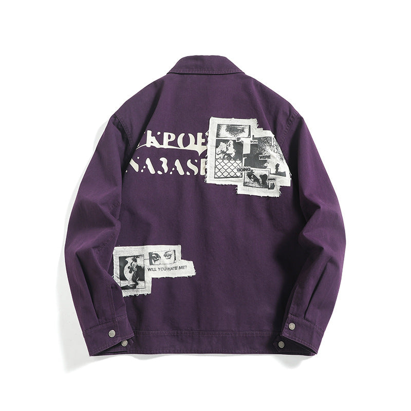 Washed Letter Print Patch Loose Streetwear Style Work Jacket