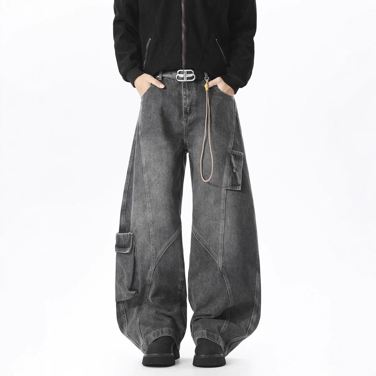 Deconstructed Oversized Pocket Cargo Jeans for Men and Women, Spring Autumn Winter Streetwear Distressed Knife-Shape Casual Wide-Leg Pants