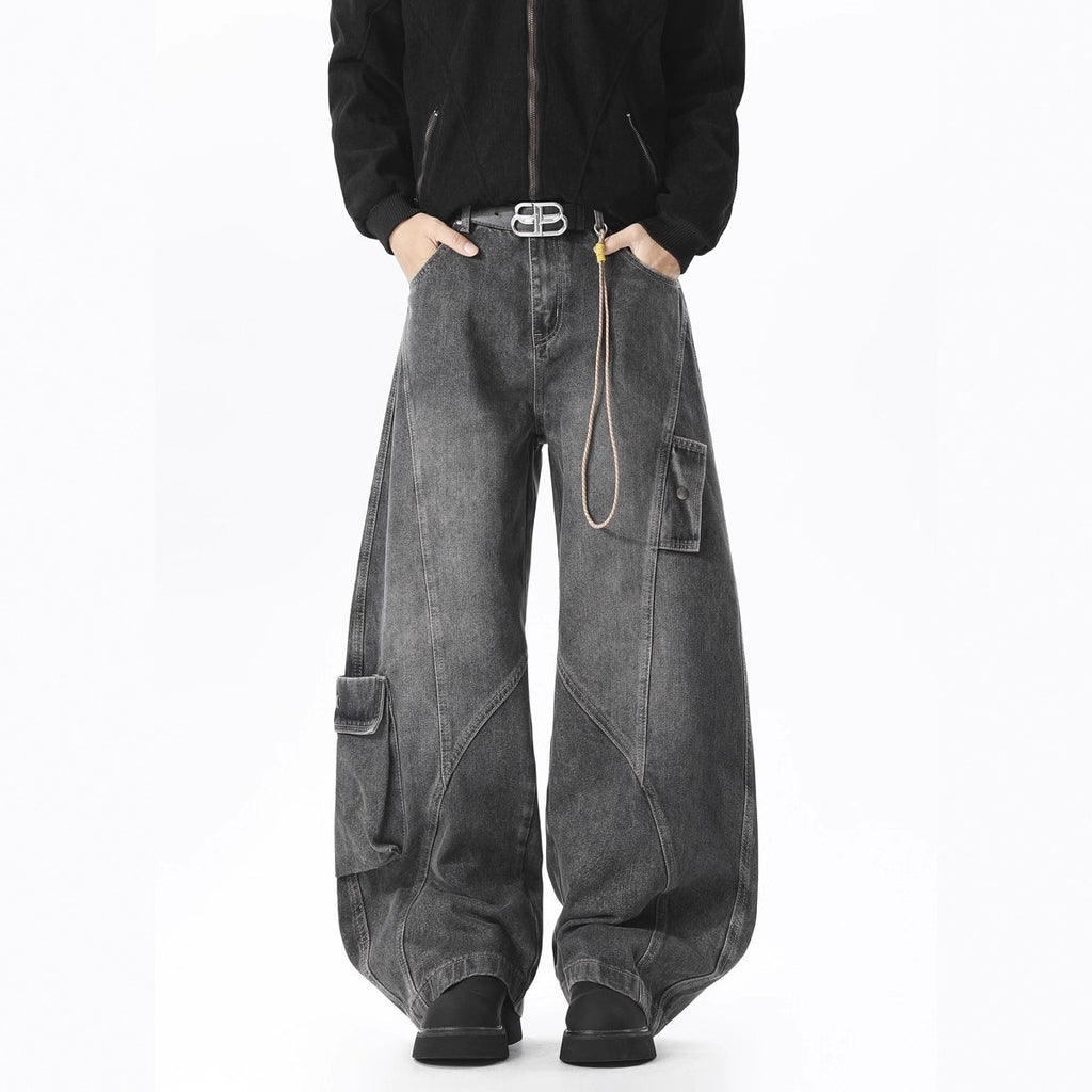 Deconstructed Oversized Pocket Cargo Jeans for Men and Women, Spring Autumn Winter Streetwear Distressed Knife-Shape Casual Wide-Leg Pants