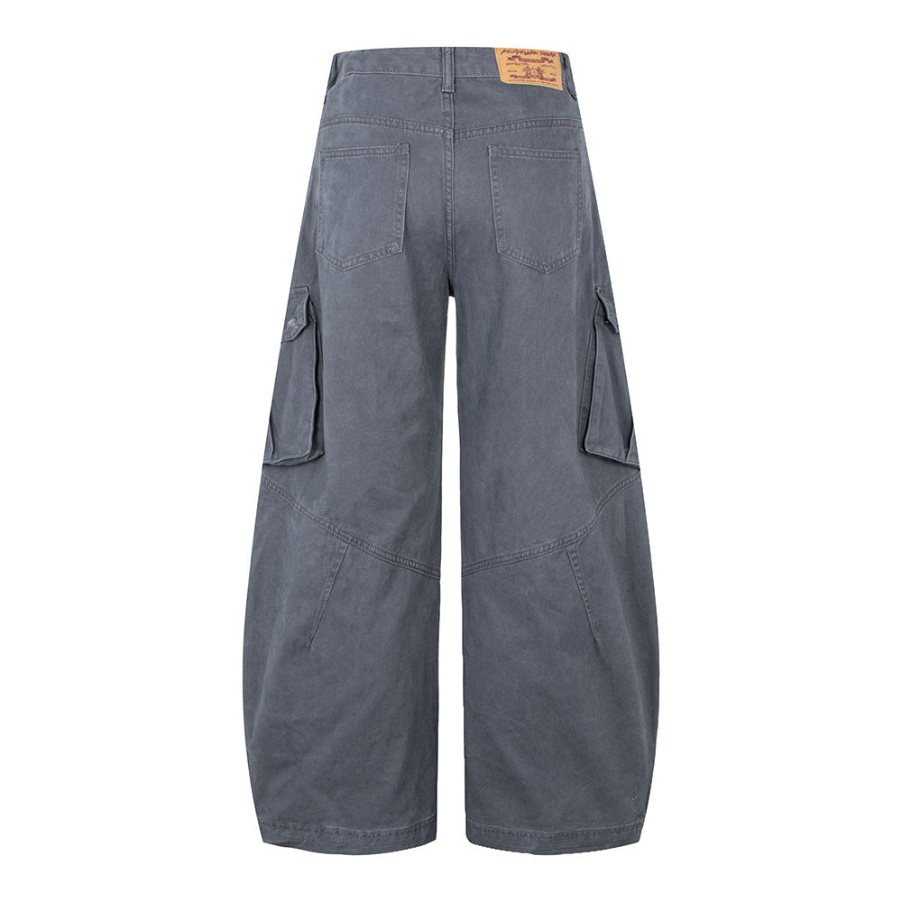 Vintage Pleated Patch Pocket Wide-Leg Knife Pants, Unique Design Casual Cargo Pants