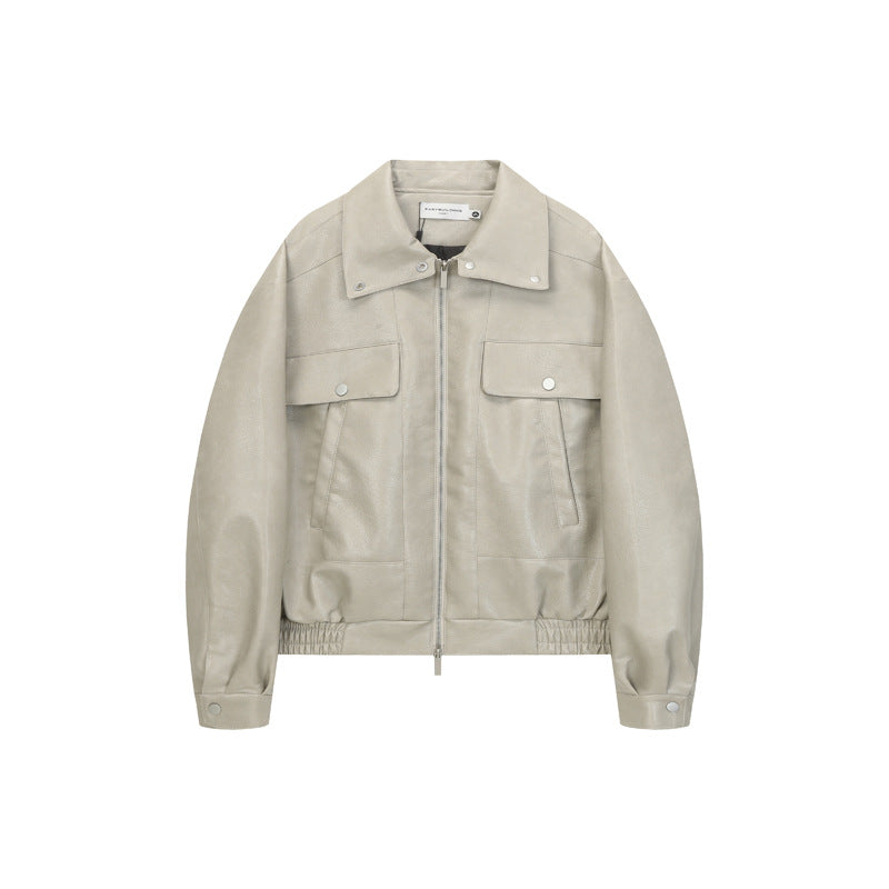 Retro Deconstructed PU Leather Jacket for Men, Turn-down Collar, Streetwear Preppy Style, Trendy Casual Outwear