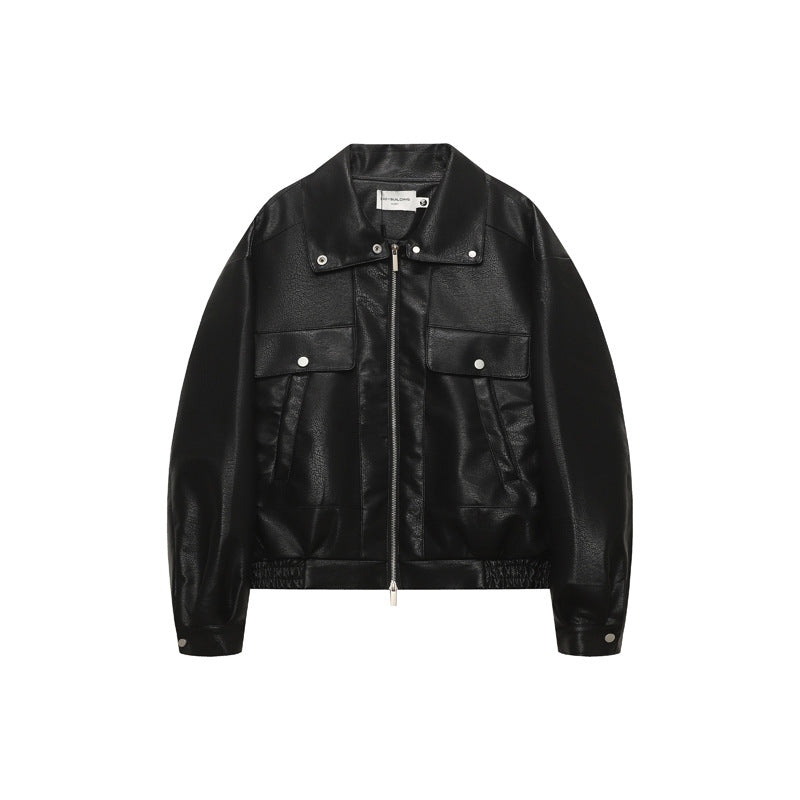 Retro Deconstructed PU Leather Jacket for Men, Turn-down Collar, Streetwear Preppy Style, Trendy Casual Outwear