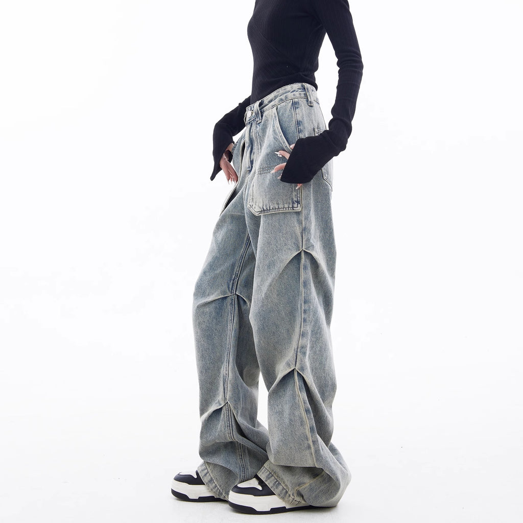 Style Cargo Jeans Women High Waist Retro Loose Design Wide Leg Street Style Pants