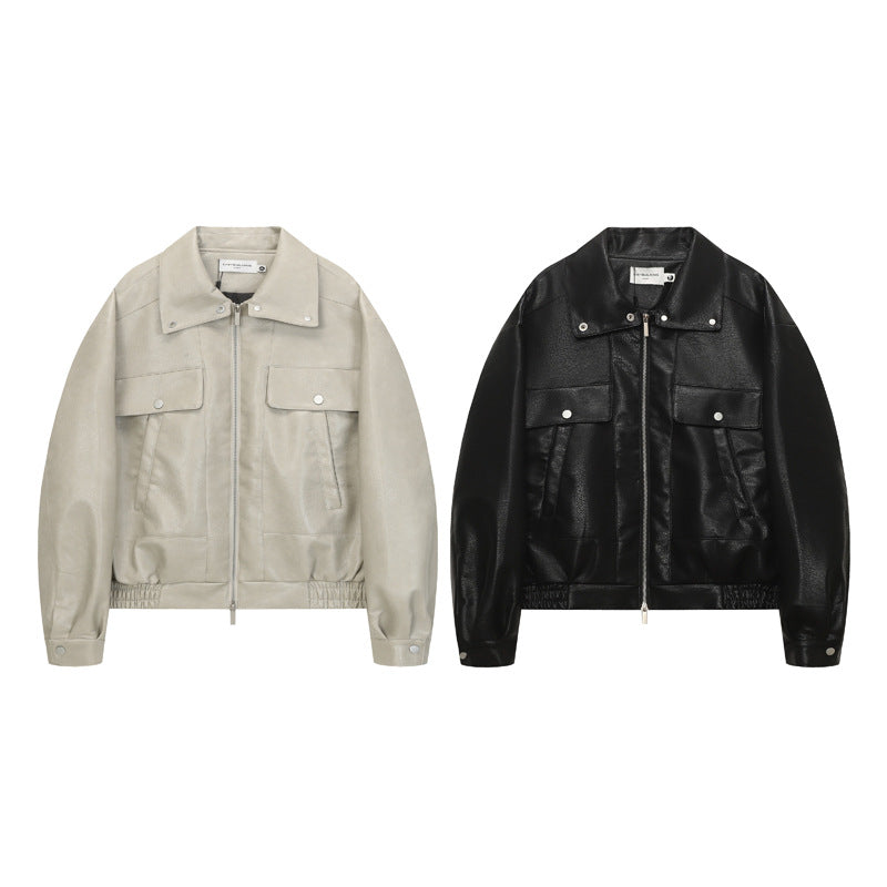 Retro Deconstructed PU Leather Jacket for Men, Turn-down Collar, Streetwear Preppy Style, Trendy Casual Outwear