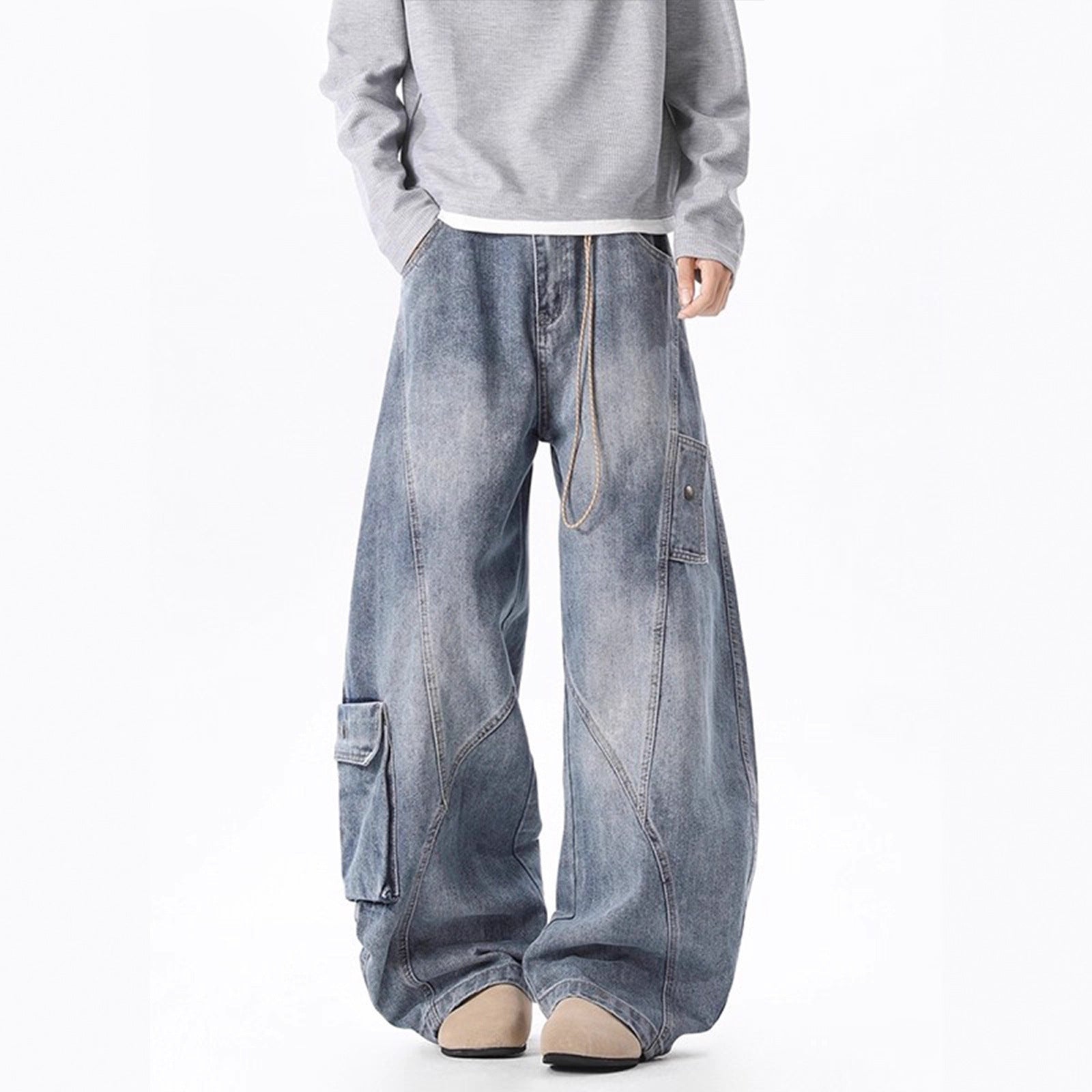 Deconstructed Oversized Pocket Cargo Jeans for Men and Women, Spring Autumn Winter Streetwear Distressed Knife-Shape Casual Wide-Leg Pants