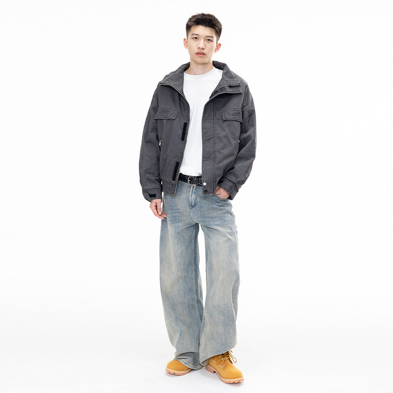 Preppy Streetwear Utility Jacket Style Casual Men's Stand Collar Coat Trendy