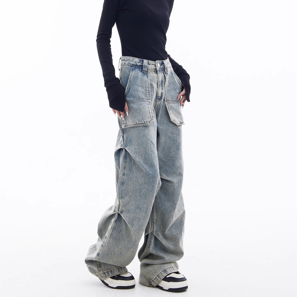 Style Cargo Jeans Women High Waist Retro Loose Design Wide Leg Street Style Pants