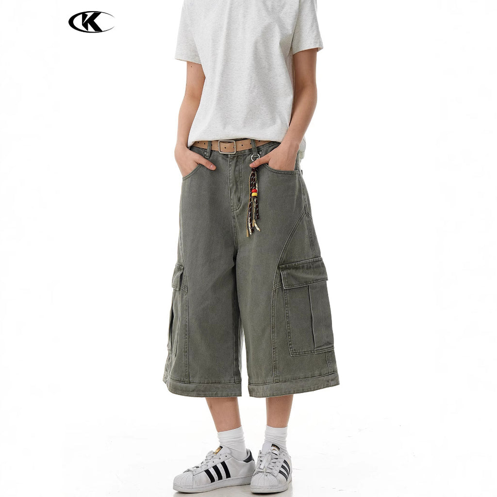 Retro Deconstructed Multi-Pocket Pants  Straight Loose Unisex Wide-Leg Cargo Shorts