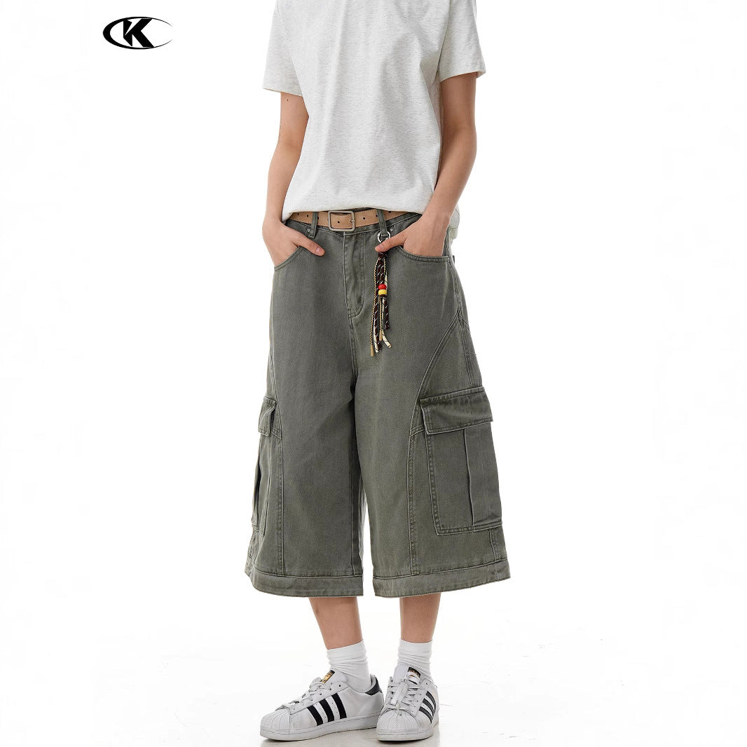 Retro Deconstructed Multi-Pocket Pants  Straight Loose Unisex Wide-Leg Cargo Shorts