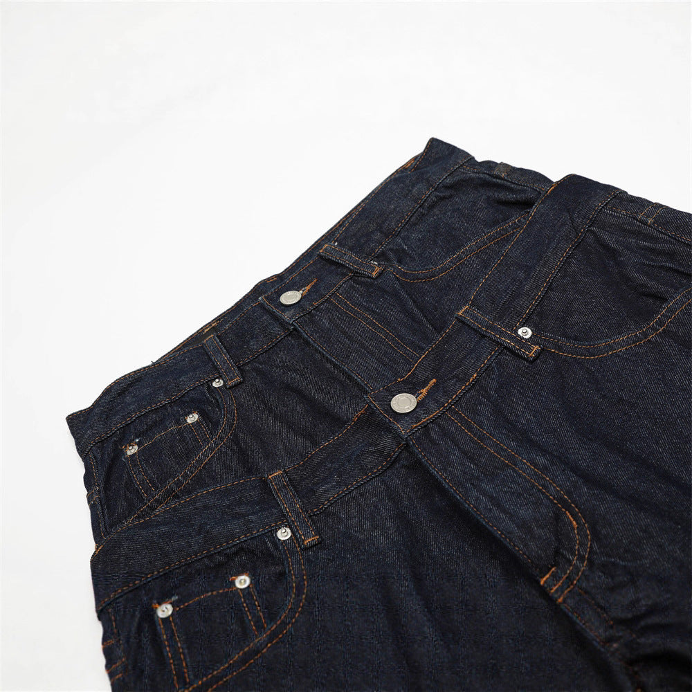 Hip-hop Style Men's Denim Pants with Double Waistband, Patchwork Cargo Design, Loose Fit, Wide Leg Trendy Streetwear