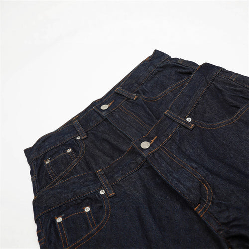 Hip-hop Style Men's Denim Pants with Double Waistband, Patchwork Cargo Design, Loose Fit, Wide Leg Trendy Streetwear