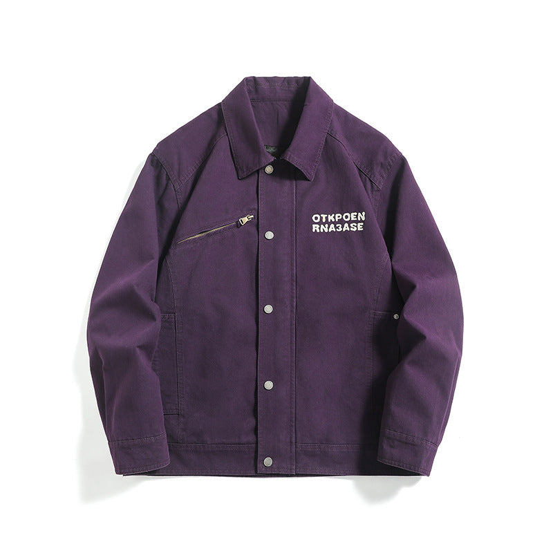 Washed Letter Print Patch Loose Streetwear Style Work Jacket