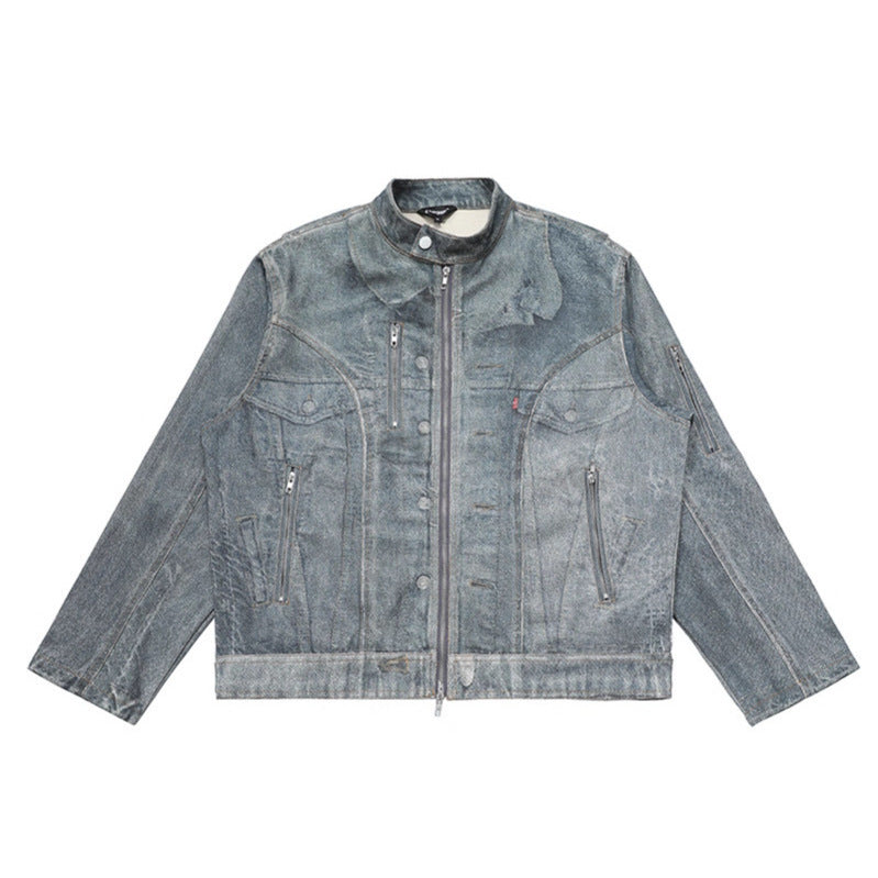 Distressed Washed Denim Jacket Unisex Streetwear Stand Collar High Street Outerwear