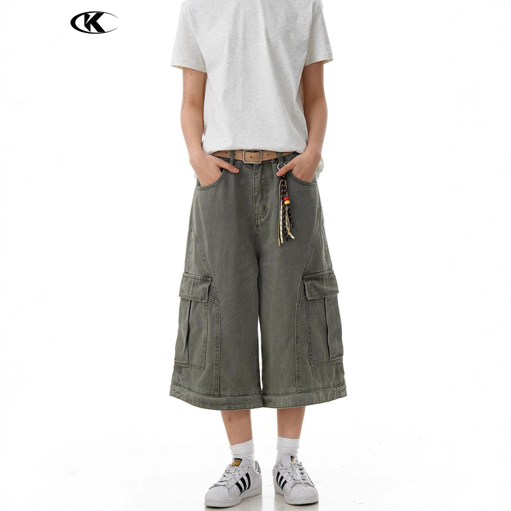 Retro Deconstructed Multi-Pocket Pants  Straight Loose Unisex Wide-Leg Cargo Shorts