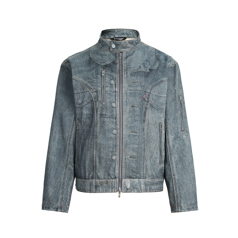 Distressed Washed Denim Jacket Unisex Streetwear Stand Collar High Street Outerwear
