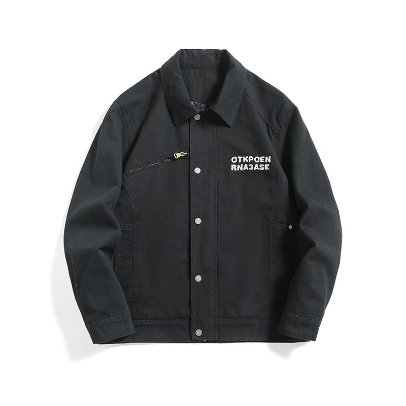 Washed Letter Print Patch Loose Streetwear Style Work Jacket