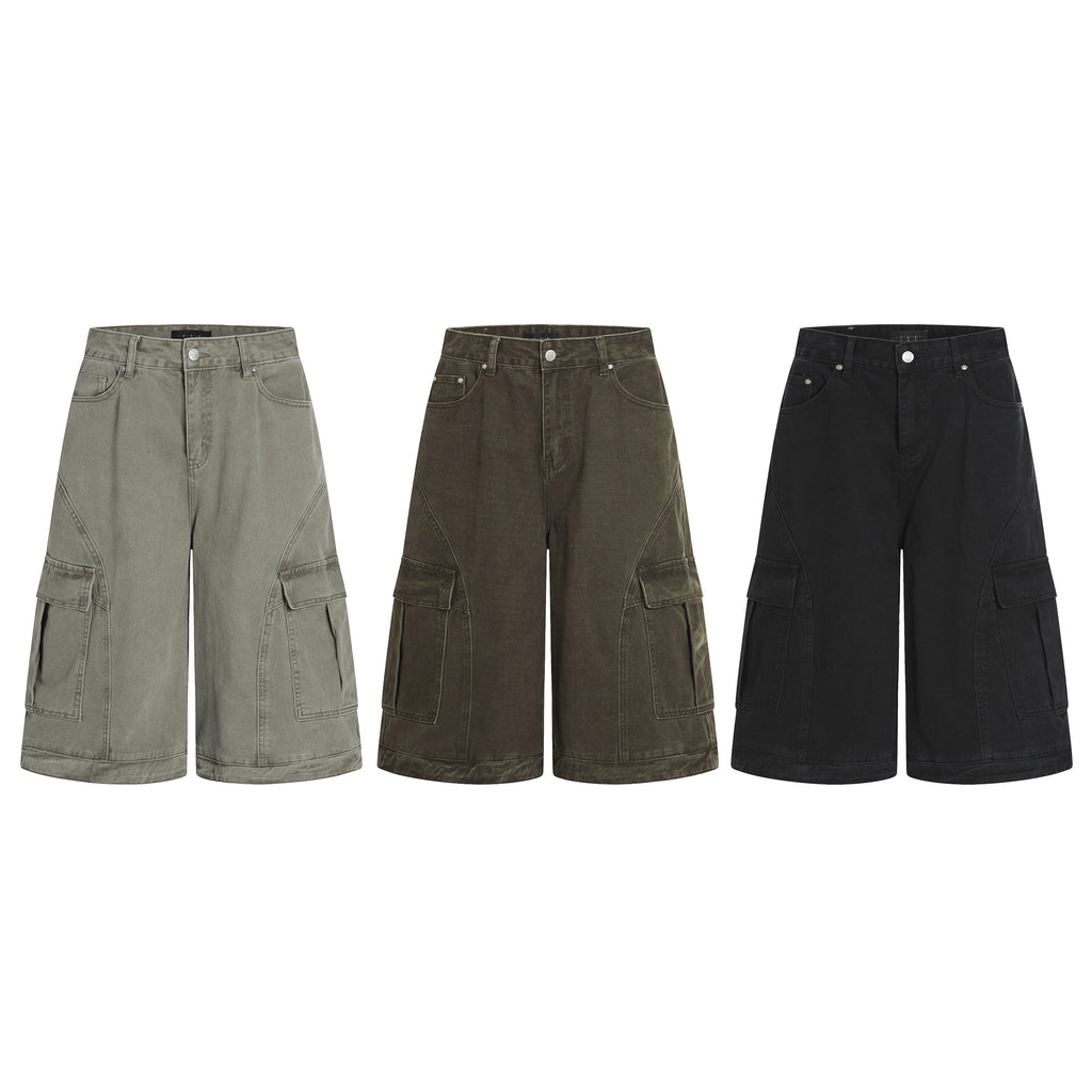 Retro Deconstructed Multi-Pocket Pants  Straight Loose Unisex Wide-Leg Cargo Shorts
