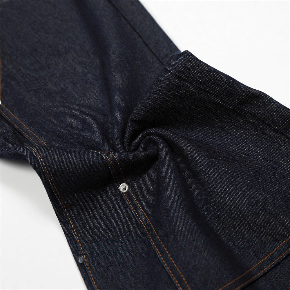 Hip-hop Style Men's Denim Pants with Double Waistband, Patchwork Cargo Design, Loose Fit, Wide Leg Trendy Streetwear