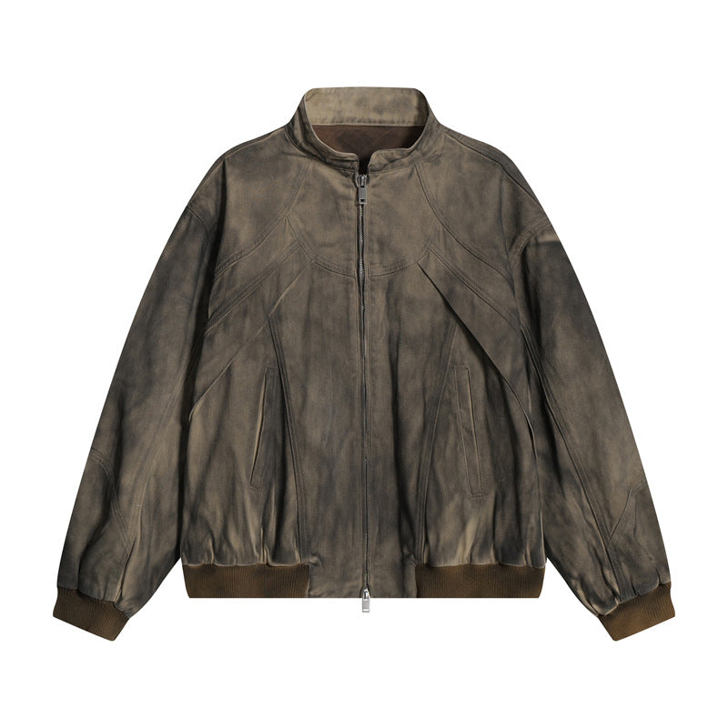 Style Streetwear Retro Tie-Dye Jacket for Men, Stand-Up Collar Pilot Jacket, High-End Edgy Short Coat