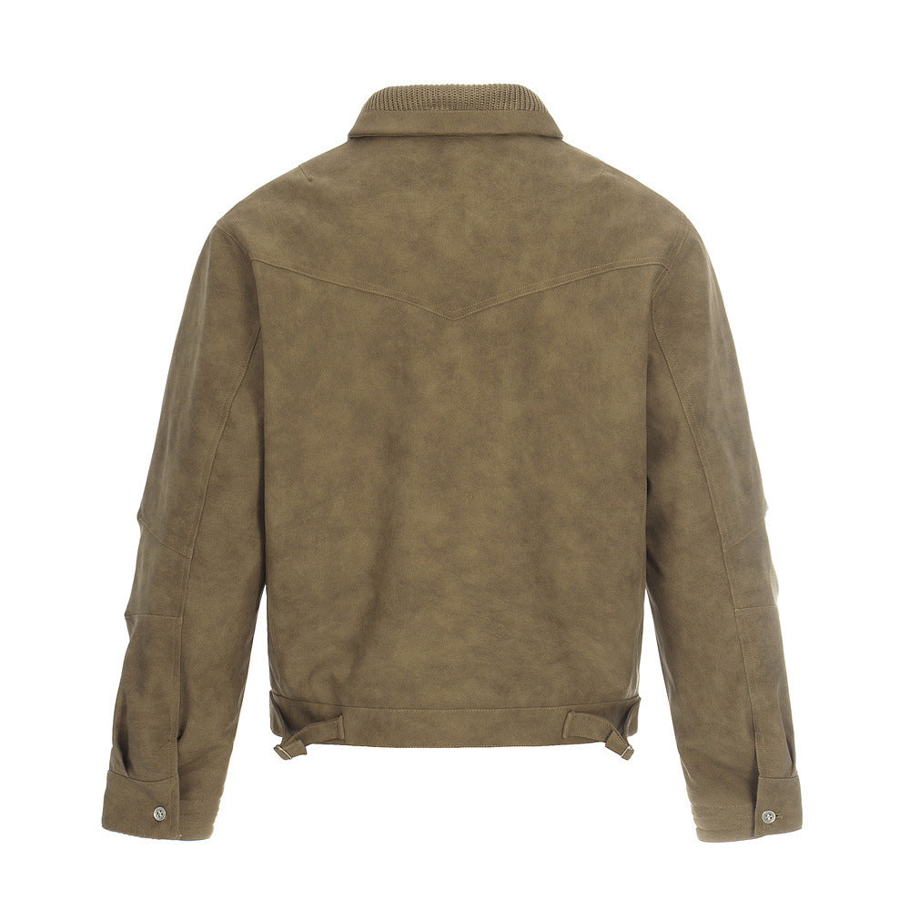 Streetwear Men's Jacket with Turn-Down Collar, Distressed Patchwork Design, Casual Loose Fit, Trendy and Versatile Outerwear for Men