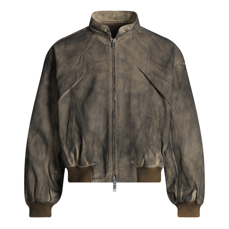 Style Streetwear Retro Tie-Dye Jacket for Men, Stand-Up Collar Pilot Jacket, High-End Edgy Short Coat